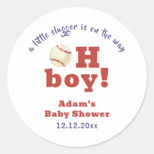 Oh Boy Little Slugger Baseball Sport Baby Shower Classic Round Sticker