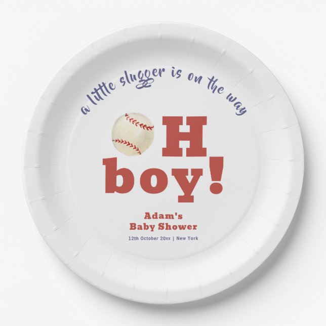 Oh Boy Little Slugger Baseball Sport Baby Shower  Paper Plate (Front)