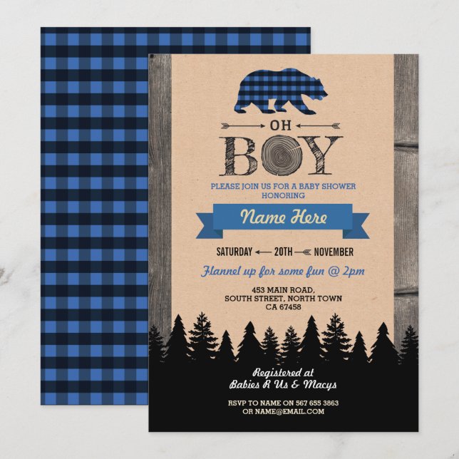 Oh Boy Lumberjack Baby Shower Blue Bear Invite (Front/Back)