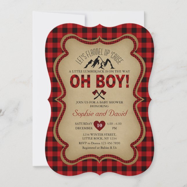 Oh Boy Lumberjack Red Buffalo Baby Shower Invite (Front)