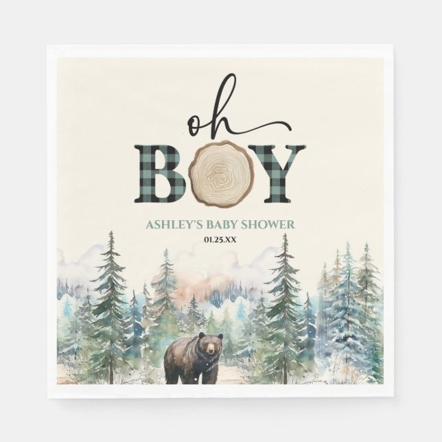 Oh Boy Lumberjack Woodland Forest Bear Baby Shower Napkin (Front)