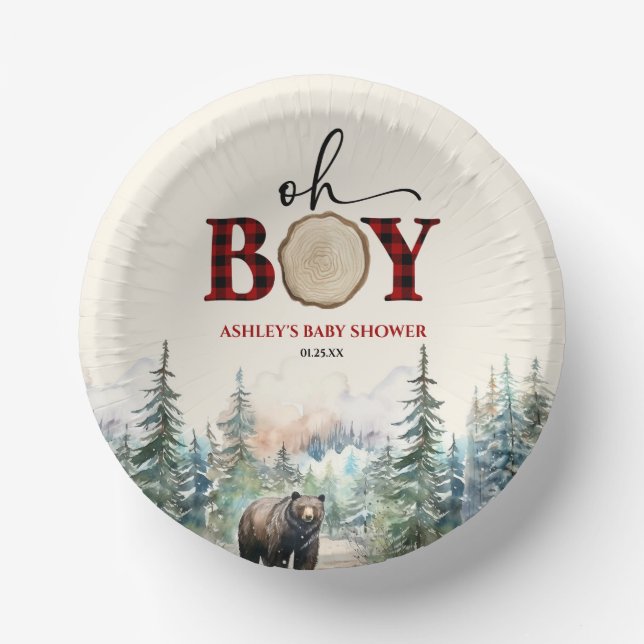 Oh Boy Lumberjack Woodland Forest Bear Baby Shower Paper Plate (Front)