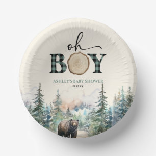 Oh Boy Lumberjack Woodland Forest Bear Baby Shower Paper Plate