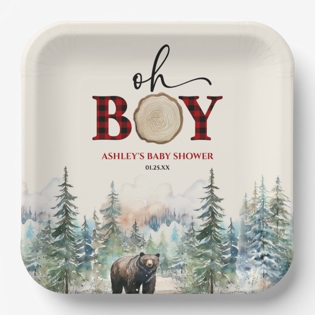 Oh Boy Lumberjack Woodland Forest Bear Baby Shower Paper Plate (Front)