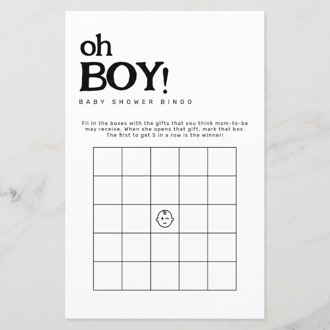 Oh Boy Minimalistic Bingo Baby Shower Game (Front)