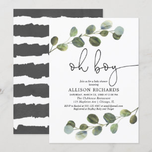 Oh boy modern eucalyptus black white baby shower invitation