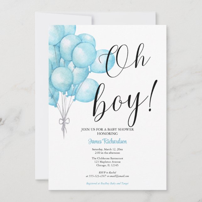 Oh boy modern eucalyptus blue balloons baby invitation (Front)