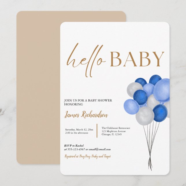 Oh boy modern eucalyptus blue balloons baby shower invitation (Front/Back)