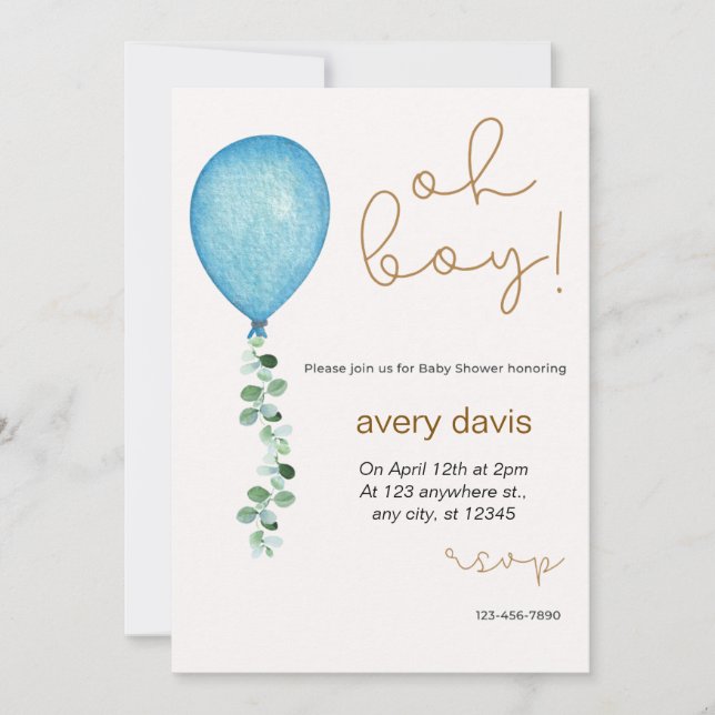 Oh boy modern eucalyptus blue balloons baby shower invitation (Front)