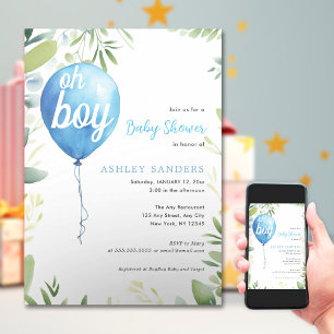 Oh boy modern eucalyptus blue balloons baby shower invitation