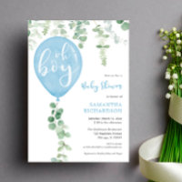 Oh boy modern eucalyptus blue balloons baby shower