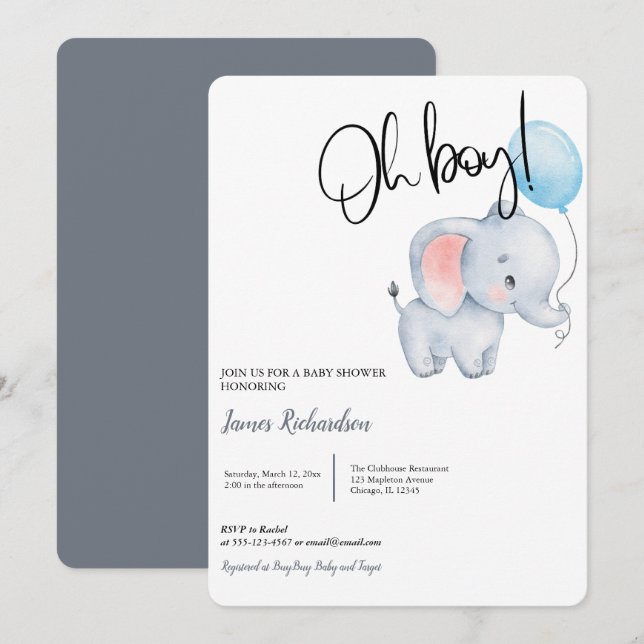 Oh boy modern eucalyptus blue balloons baby shower invitation (Front/Back)