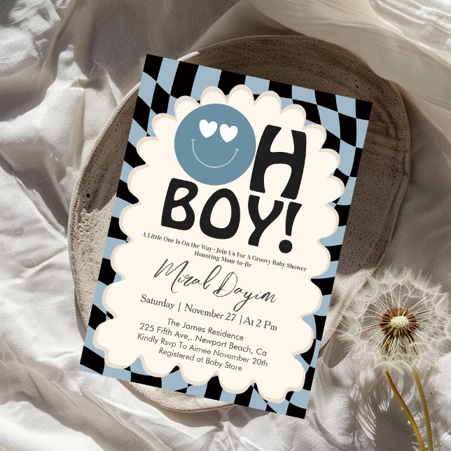 Oh Boy! Modern Groovy Blue Happy Face Baby Shower Invitation (Creator Uploaded)