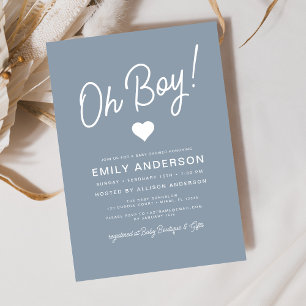 Oh Boy Modern Minimalist Dusty Blue Baby Shower Invitation