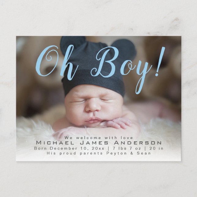 Oh Boy! Modern Script Baby Boy Photo Birth Announcement Postcard (Front)