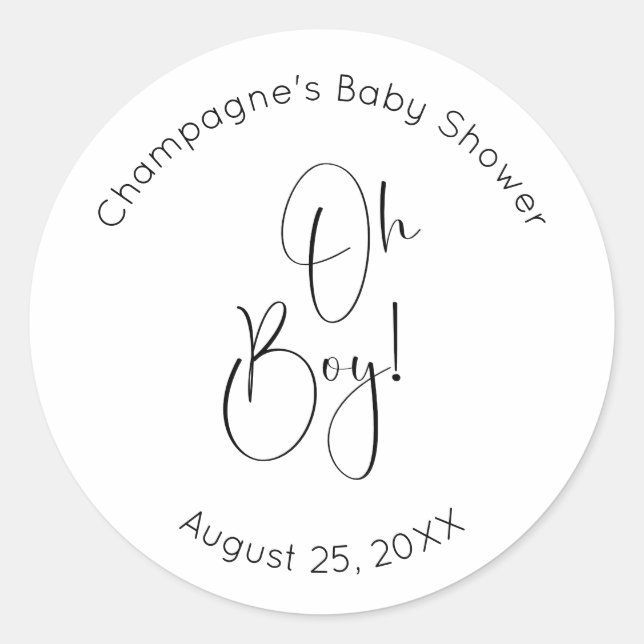Oh Boy Modern Script Baby Shower Classic Round Sticker (Front)