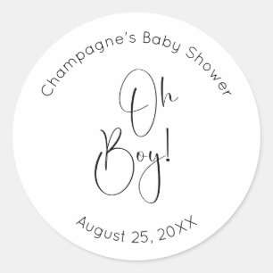 Oh Boy Modern Script Baby Shower Classic Round Sticker