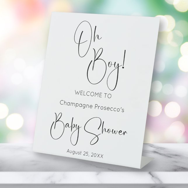 Oh Boy Modern Script Baby Shower Pedestal Sign (Creator Uploaded)
