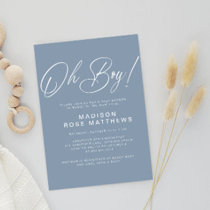 Oh Boy Modern Script Dusty Blue Baby Shower Invitation