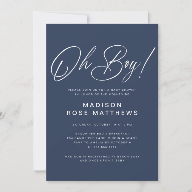 Oh Boy Modern Script Navy Blue  Baby Shower   Invitation (Front)