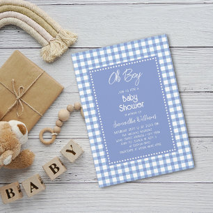 Oh Boy Modern Simple Blue Gingham Boy Baby Shower Invitation