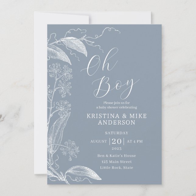 Oh Boy Modern Simple Dusty Blue Boy Baby Shower  Invitation (Front)