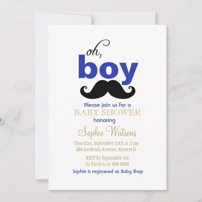 Oh Boy Moustache Baby Shower Invitation (Front)