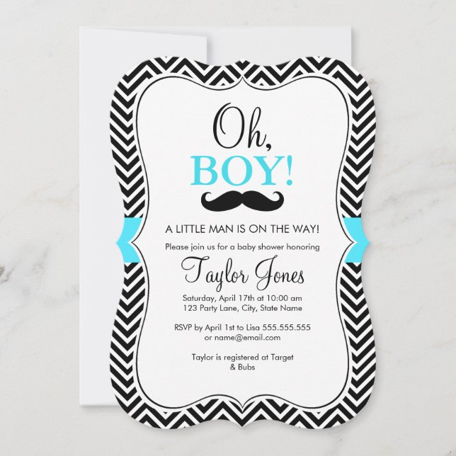 Oh Boy Moustache Baby Shower Invite / Blue (Front)