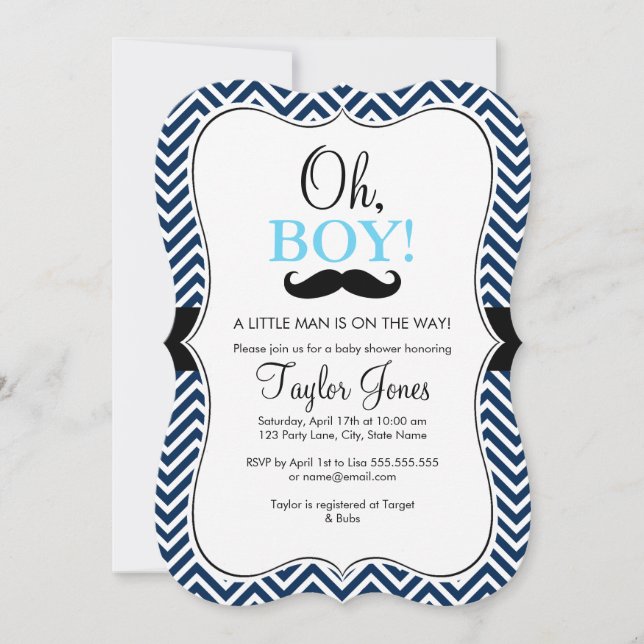 Oh Boy Moustache Baby Shower Invite / Blue & Navy (Front)