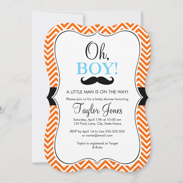 Oh Boy Moustache Baby Shower Invite / Blue & Orang (Front)