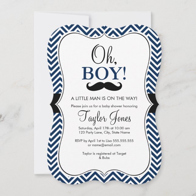 Oh Boy Moustache Baby Shower Invite / Navy (Front)