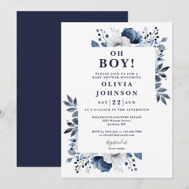 Oh Boy Navy Blue Elegant Floral Baby Shower Invitation (Front/Back)
