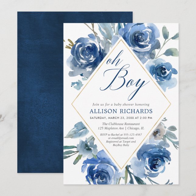 Oh boy navy blue elegant floral boy baby shower invitation (Front/Back)