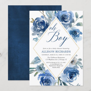 Oh boy navy blue elegant floral boy baby shower invitation