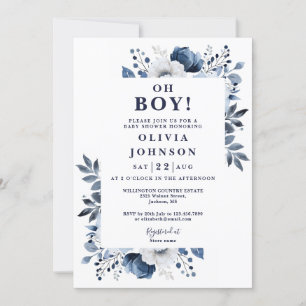 Oh Boy Navy Blue Floral All In One Baby Shower Invitation