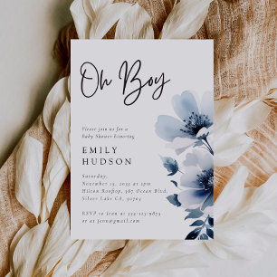 Oh Boy Navy Blue Floral Baby Shower Invitation