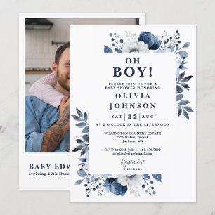 Oh Boy Navy Blue Floral Photo QR Baby Shower Invitation