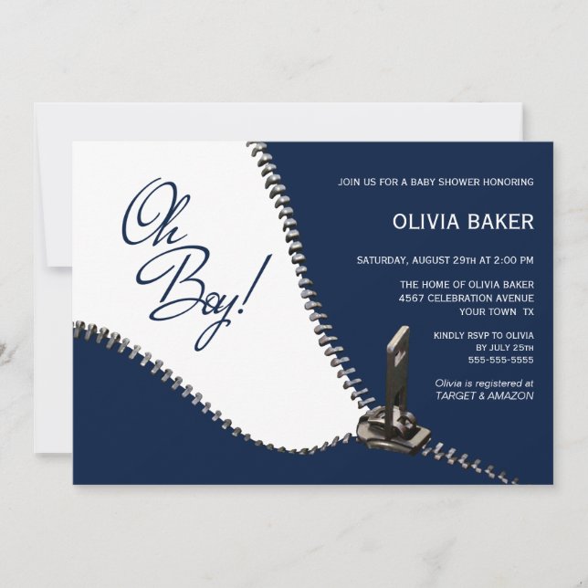 Oh Boy Navy Blue with Silver Zipper Baby Shower Invitation (Front)