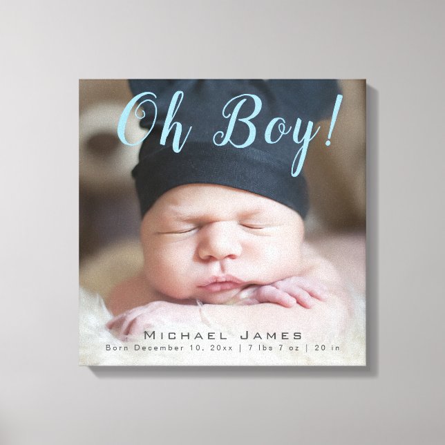 Oh Boy! New Baby Photo Keepsake Birth Stats Canvas Print (Front)