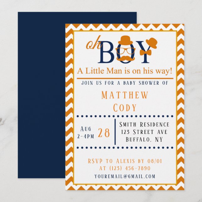 Oh Boy Orange and Blue Baby Shower  Invitation (Front/Back)