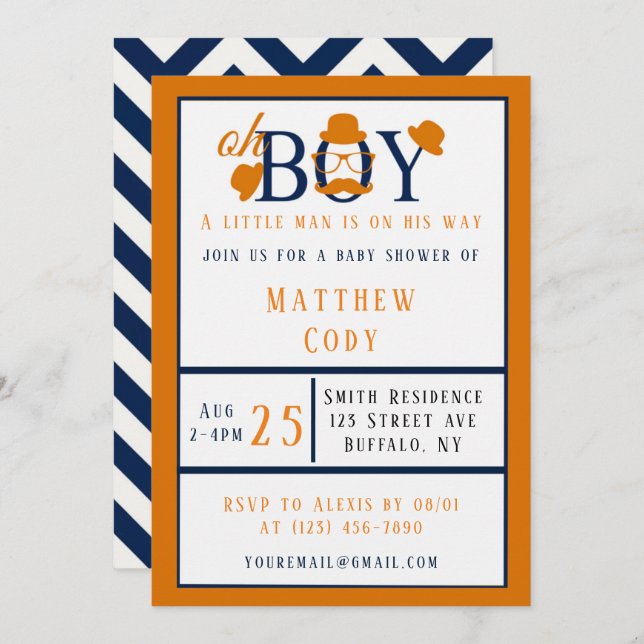 Oh Boy Orange and Blue Baby Shower  Invitation (Front/Back)