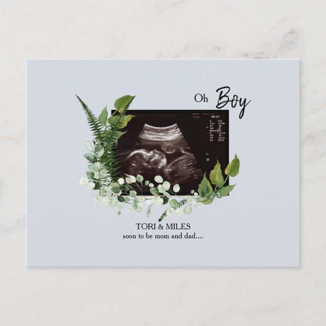 Oh Boy Pale Blue Ultrasound Foliage Announcement Postcard (Front)