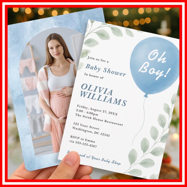 Oh Boy PHOTO Eucalyptus Blue Balloon Baby Shower  Invitation (Creator Uploaded)