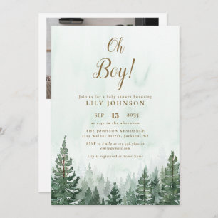 Oh Boy Pine Tree Forest Baby Shower Photo QR Code Invitation