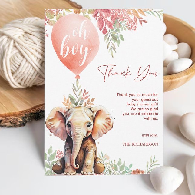 Oh boy Pink Balloon Floral Elephant Baby Shower Thank You Card (Oh boy Pink Balloon Floral Elephant Baby Shower Thank You Card)