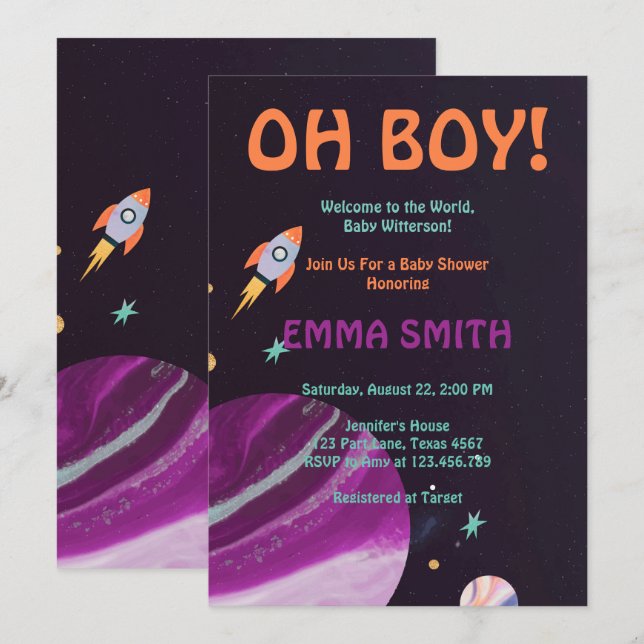 Oh Boy Planets Outer Space Baby Shower Invitation (Front/Back)