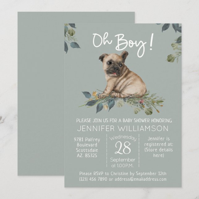 Oh Boy! Pug Puppy Dog Baby Shower  Invitation (Front/Back)