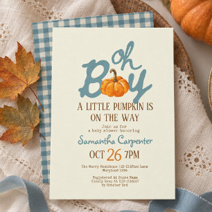 Oh boy pumpkin blue gingham vintage baby shower invitation