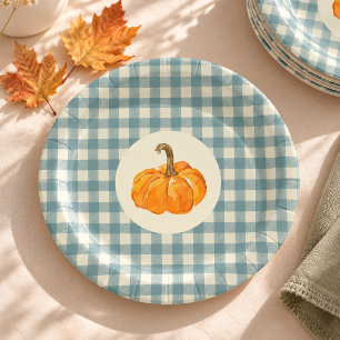 Oh boy pumpkin blue gingham vintage baby shower paper plate
