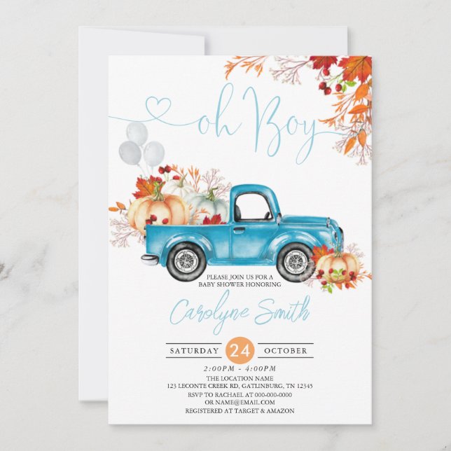 Oh Boy Pumpkin Blue Truck Fall Baby Shower Invitation (Front)